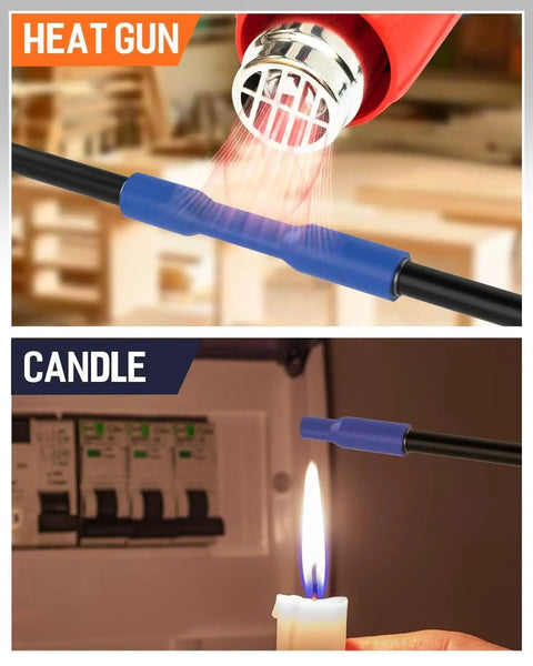 Two images showing marine grade heat shrink tubing being installed with a heat gun and a candle flame for waterproof insulation.