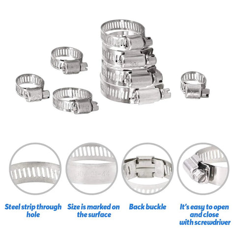 65-piece Glarks 304 stainless steel worm gear hose clamp set, 8–44 mm, for plumbing and automotive use