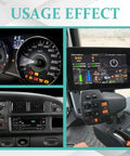 Usage effect showcasing dashboard displays for trucks featuring RPM, speed, and multimedia controls with a modern interface.