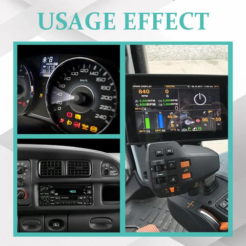 Usage effect showcasing dashboard displays for trucks featuring RPM, speed, and multimedia controls with a modern interface.