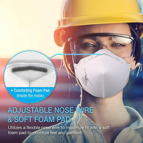 Worker wearing NIOSH Certified N95 Mask Particulate Respirator For Everyday Use With Adjustable Nose Clip And Latex Free Comfort