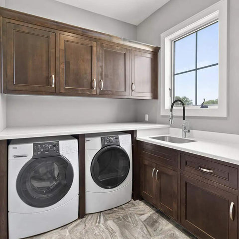 PF7509A Dual Spray Kitchen And Laundry Faucet With Flexible Neck Deck Mount Black Finish in modern laundry room