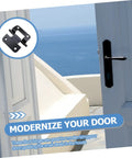 Installed kitchen cabinet door hinge, black iron on white door; circular inset shows hinge hardware.