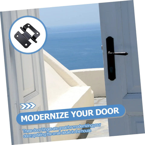 Installed kitchen cabinet door hinge, black iron on white door; circular inset shows hinge hardware.