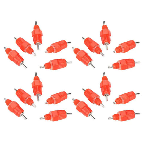 20 Pack Top Shelf Automatic Chicken Water Nipples With 360 Degree Stainless Steel Flow No Fuss Screw In Poultry Drinkers. Red nipple design.