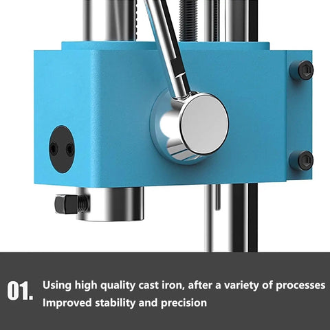 Close-up of Heavy-Duty Cast Iron Arbor Press Rock Solid Half-Ton Manual Stamping Vise with spring loaded handle showcasing precision mechanics.