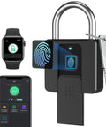 Beefy Biometric Fingerprint Padlock With Bluetooth App Control, large shackle and tamper resistant, alongside phone and watch app interface.