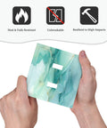Killer Teal Marble Decorative Switch Plate Cover For Two Gang Double Toggle Outlet Wall Panel, held in hands, showcasing durable design.