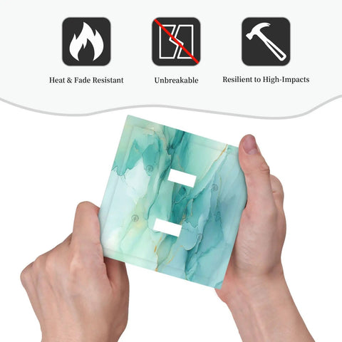 Killer Teal Marble Decorative Switch Plate Cover For Two Gang Double Toggle Outlet Wall Panel, held in hands, showcasing durable design.