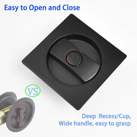 Pocket Door Privacy Lock 2 Pack with flush handles and recessed knob in matte black square edge, shown for easy grip comparison