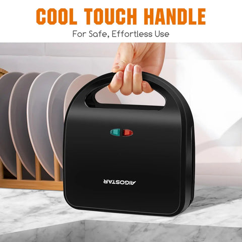 Aigostar 3 In 1 Electric Sandwich Maker With Removable Nonstick Plates, cool touch handle for safe handling.