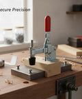 Vertical Hold Down Clamp With Quick Action Toggle on a workbench, securing wood for woodworking and assembly.