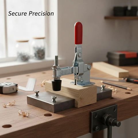 Vertical Hold Down Clamp With Quick Action Toggle on a workbench, securing wood for woodworking and assembly.