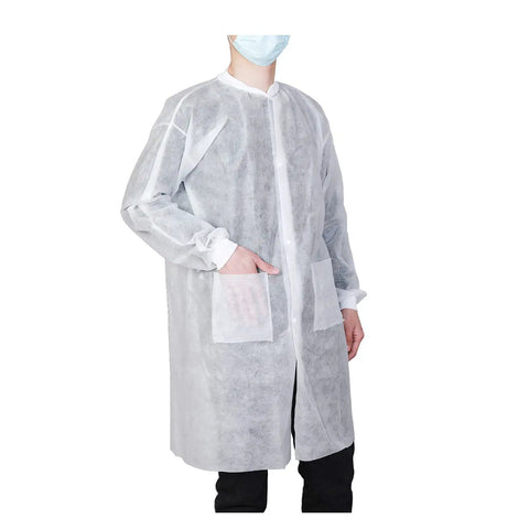 Person wearing a lab coat from Pack Of 10 Disposable Lab Coats For Adults Large With Two Pockets And Knitted Collar And Cuffs, Front Snap Closure For Quick On Off, Protective PPE For Lab Work, Cleaning, Food Processing, General Maintenance And More