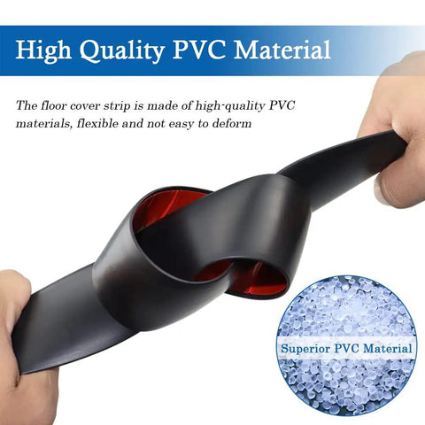Self Adhesive Floor Transition Strip For Laminate And Vinyl 2 Inch Wide 10 Feet Long Black PVC Edge Strip Durable And Easy To Clean Low Profile Floor Gap Filler No Fuss Peel And Stick Install Keeps Edges Smooth And Safe shown with high quality PVC material being flexed by hands