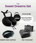 Sweet Dreams Set featuring Long Haul Travel Pillow With Memory Foam For Neck And Head Support, Jet Black and accessories.