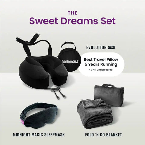 Sweet Dreams Set featuring Long Haul Travel Pillow With Memory Foam For Neck And Head Support, Jet Black and accessories.