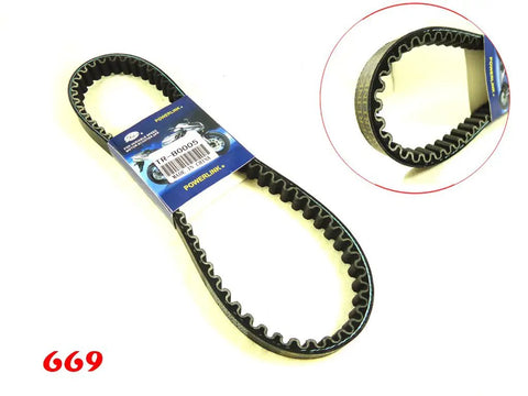 Powerlink 669-18.1-30 CVT Drive Belt For GY6 139QMB Short Case, black toothed belt with label and product details.
