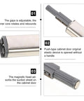 Magnetic Push Cabinet Latch Set with stainless steel bumpers showing steps for self-closing door installation and usage.