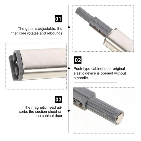 Magnetic Push Cabinet Latch Set with stainless steel bumpers showing steps for self-closing door installation and usage.