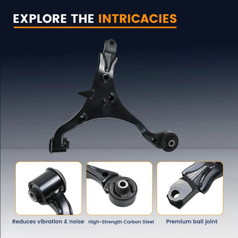 Front Lower Control Arm Kit With Ball Joints For 2002 2003 2004 2005 2006 CR V SUV Suspension Kit Left And Right Sway Bar Links 6 Piece Set Bolt On Direct Fit Replacement With Premium Ball Joints And Durable Arms For Smoother Handling. black steel control arm with ball joint close-up
