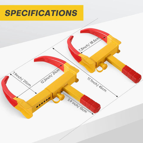 Heavy Duty Wheel Clamp Lock For Cars Trucks Trailers And SUVs Adjustable Universal Tire Lock With 3 Keys Anti Theft Security Durable Steel Construction Soft Coated Clamp Red dimensions view