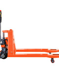 Rock Solid Fully Electric Pallet Jack With A Massive 3300 Lb Capacity And Quick-Charge Lithium Battery For Smooth Warehouse Moves Featuring 48 By 27 Inch Forks Perfect For Heavy Indoor Storage Or Daily Material Handling Jobs Without The Sweat side view of the electric pallet jack in orange
