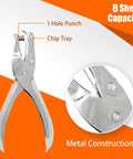 Six Pack Single Hole Puncher Set In Shiny Silver, 8 Sheet Capacity Each, One Quarter Inch Circle Paper Punch For Crafts And School, Durable Handheld Hole Punch Tool showcasing metal construction and chip tray.