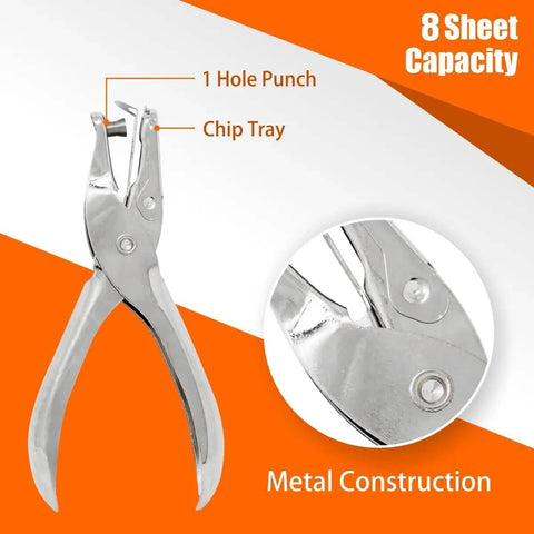 Six Pack Single Hole Puncher Set In Shiny Silver, 8 Sheet Capacity Each, One Quarter Inch Circle Paper Punch For Crafts And School, Durable Handheld Hole Punch Tool showcasing metal construction and chip tray.