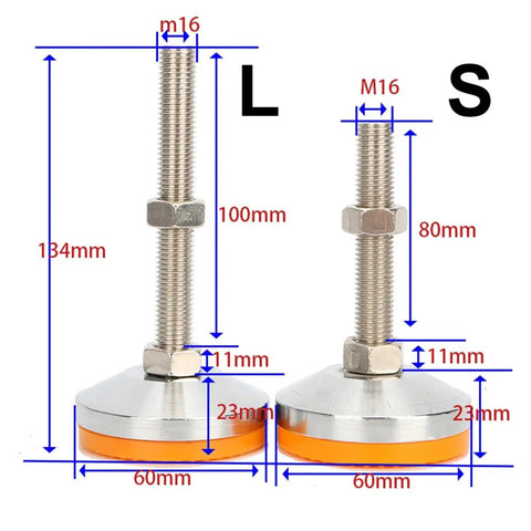 Dimensions of 4 Pcs M16 Adjustable Furniture Leveling Feet Heavy Duty Stainless Steel Leg Supports with Precise Threaded Height Tuning