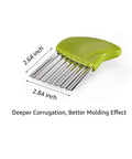 Two-piece stainless steel crinkle cutter set with green and blue handles for waffle-cut fries and vegetables.
