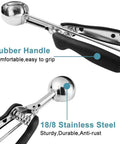 Close-up of triple cookie scoop set with 1 tbsp, 2 tbsp, and 3 tbsp sizes, 18/8 stainless steel, non-slip rubber grip handle.