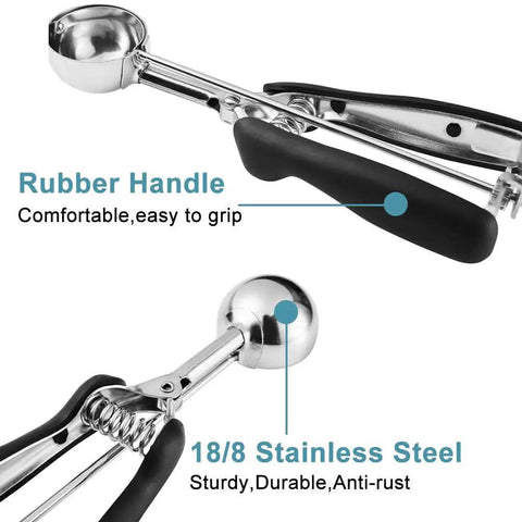 Close-up of triple cookie scoop set with 1 tbsp, 2 tbsp, and 3 tbsp sizes, 18/8 stainless steel, non-slip rubber grip handle.