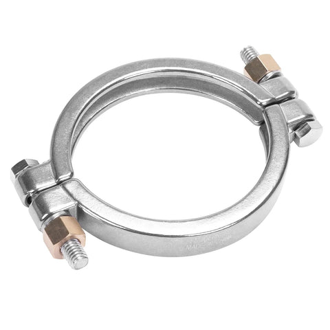 Sanitary tri-clamp clamp, 3.5-inch stainless steel with bolts (close-up view)
