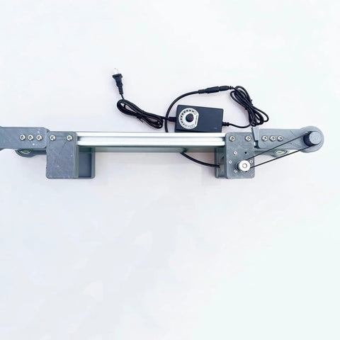 Hot Desktop Conveyor Belt With Motorized Pvc Belting For Adjustable Factory Transport, Electric Handling System, Small Industrial Workstation And Smooth Automated Production Line Setup, top view with power supply.