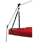 Easy Garage Storage Hoist For Kayaks Canoes Bikes And Ladders One Person Lift System With Pulleys Hooks Brackets Hardware 50 Ft Rope Saddle Straps 120 Lb Capacity Black lifting red kayak in garage