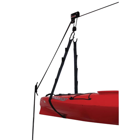 Easy Garage Storage Hoist For Kayaks Canoes Bikes And Ladders One Person Lift System With Pulleys Hooks Brackets Hardware 50 Ft Rope Saddle Straps 120 Lb Capacity Black lifting red kayak in garage