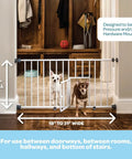 Expandable Indoor Dog Gate With Small Pet Door, Adjustable 18 To 30.75 Inches Wide, 18 Inch Tall, White, installed in doorway