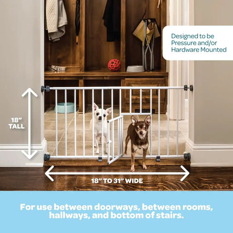 Expandable Indoor Dog Gate With Small Pet Door, Adjustable 18 To 30.75 Inches Wide, 18 Inch Tall, White, installed in doorway