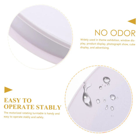 Rorpoir Adjustable Electric Rotating Display Stand For Jewelry And Watches With Anti Skid Base Energy Saving Motorized Turntable close-up showing smooth surface and water droplets.