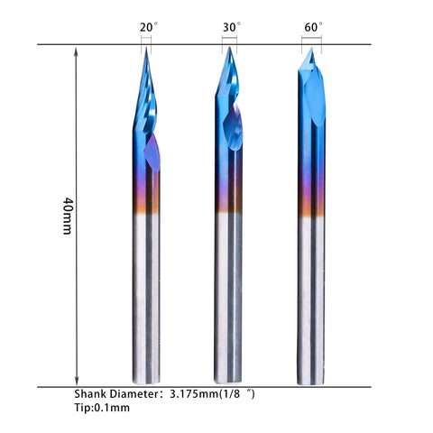 Three Piece V Bit Set Pro Grade 0.1mm 2 Flute Upcut Spiral CNC Router Bits 1/8 Inch Shank Nano Blue Coating For Wood MDF Lettering