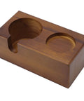 Straight Up Solid Beech Wood Coffee Tamper And Protafilter Stand With Handy Side Dock For 51 To 58 MM Brewers, top view showing dual cup shapes.