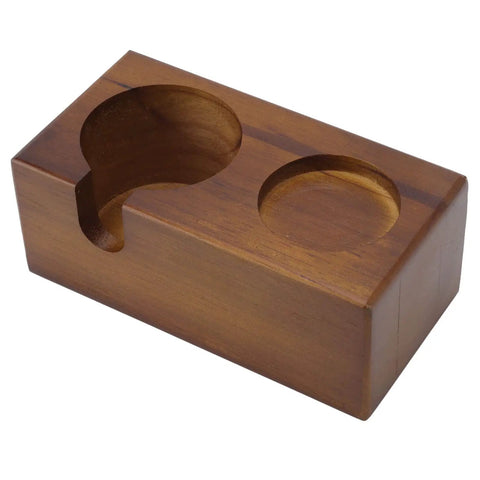 Straight Up Solid Beech Wood Coffee Tamper And Protafilter Stand With Handy Side Dock For 51 To 58 MM Brewers, top view showing dual cup shapes.