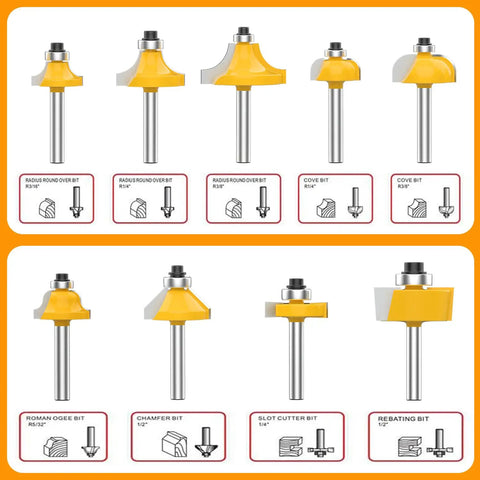 Assorted router bits from 24 Piece Router Bit Set With 1 Quarter Inch Shank Tungsten Carbide Tips For Beginners And Pros
