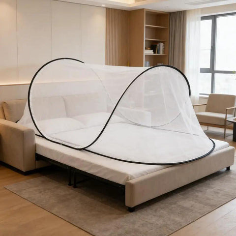Large Pop Up Mosquito Tent For Adults on bed, white mesh, portable foldable net for camping, fits one person, quick set up.