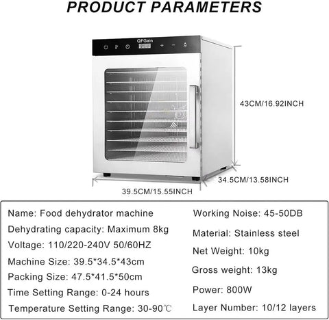 Front view of Powerful 1000W Commercial Freeze Dryer Dehydrator with 10 tier racks, digital control, stainless steel, product specifications