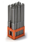 Thirty Two Piece Extra Long Security Power Bit Set With Quarter Inch Hex Shank Hardcore Tough S2 Steel Build in a compact holder.