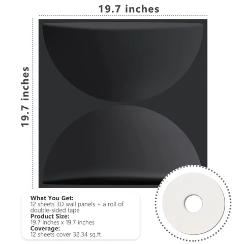 3D Black Semicircle Textured Wall Panels With Peel And Stick Tape Included Large Square Tiles For Easy DIY Interior Wall Decor Pack Of Twelve Coverage Thirty Two Point Three Four Square Feet Modern Accent Wall Upgrade showing dimensions and roll of tape