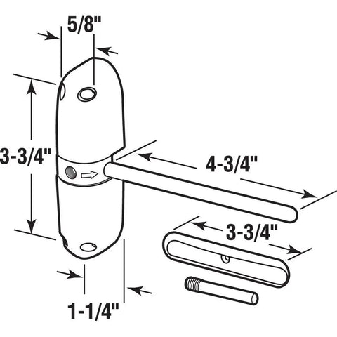 Illustration of KC10HD Self Closing Door Closer Kit with measurements and components, including surface mount and spring loaded bar.