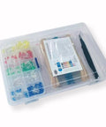 LED resistor kit in a clear plastic storage box with 600 resistors (30 values), 200 LEDs and tweezers